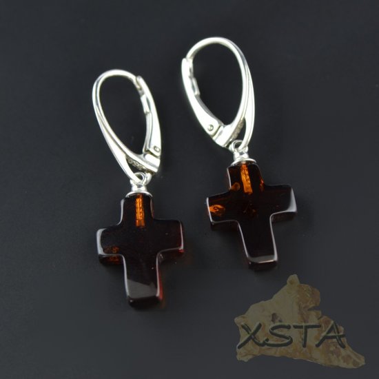 Cross amber earrings with silver